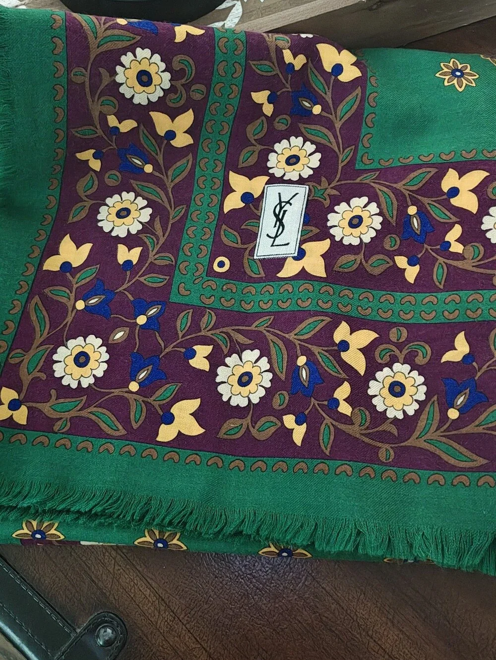 Yves Saint Laurent Green & Purple Floral Silk Scarf